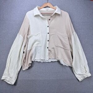 POL Natural Relaxed Double Gauze Top Women S Beige White Cotton Raw Hem Boho